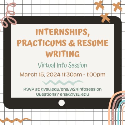 Black and white gridded background with graphics and information regarding virtual info session.
